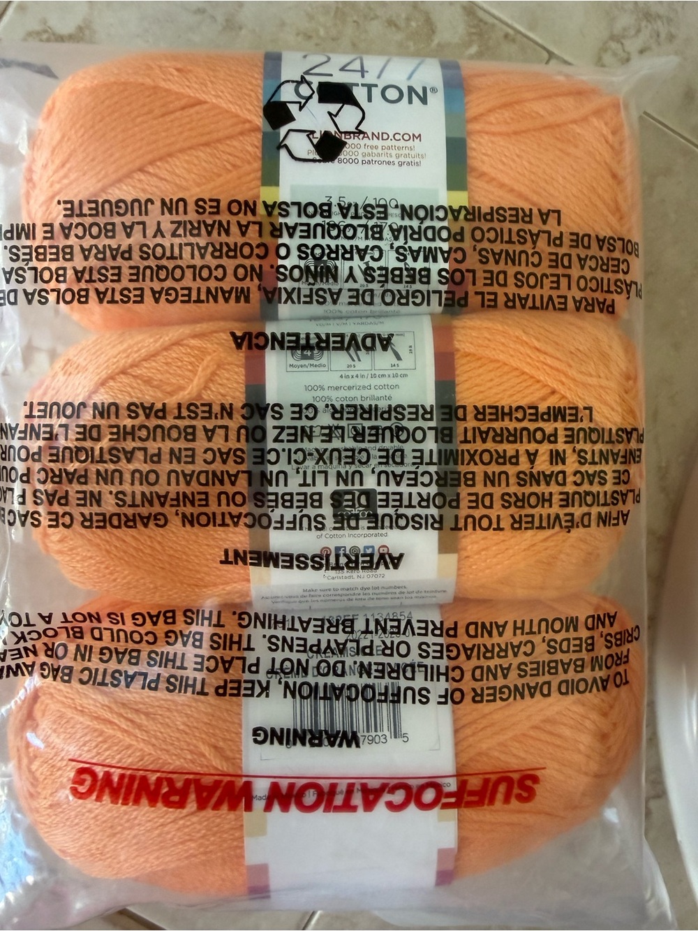 Lion Brand Cotton Yarn 24/7 - Creamsicle- Light Peach Orange Skeins